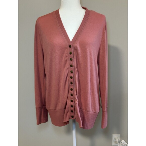 ZENANA Long Knit Cardigan Sweater with Pockets and Snap Buttons Pink XL - Picture 3 of 10